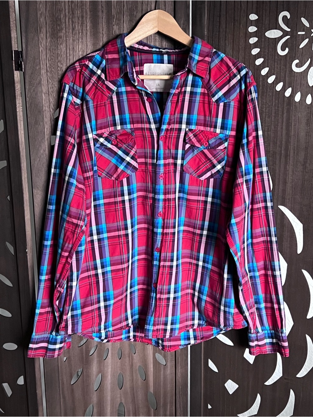 Aeropostale Red Plaid Button Down Shirt with Blue Accents